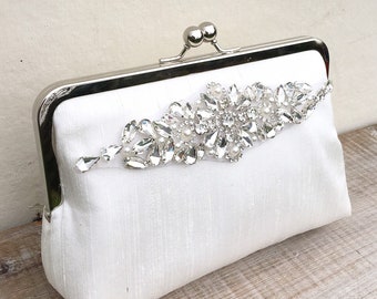 Raw silk and rhinestone bridal clutch, ivory handwoven silk clutch, pearl and crystal clutch purse, custom wedding clutch bag