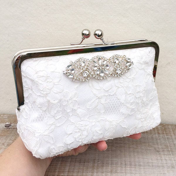 Lace wedding clutch with crystal detailing, ivory rhinestone bridal clutch, great gatsby style wedding clutch