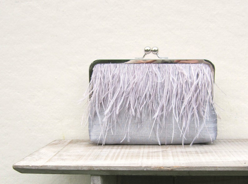 Ostrich feather clutch, silver bridal clutch, grey wedding purse, great gatsby, silver wedding, grey bridesmaid clutch, 1920s wedding, uk image 1