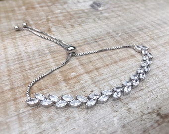 Silver bracelet, silver tennis bracelet, bridal jewelry, bridesmaid gift, adjustable sliding clasp bracelet