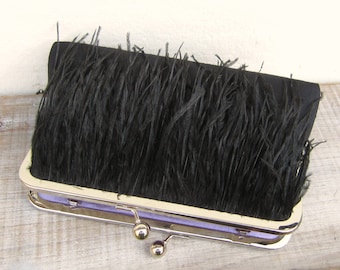 Ostrich feather clutch, black evening clutch, great gatsby, black bridal clutch, clutch with chain, black purse, 1920s wedding, feather bag