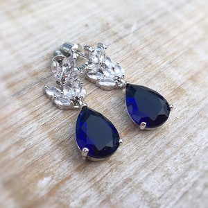 Sapphire drop earrings, something blue wedding earrings, bridesmaid gift, bridal jewelry, zirconia drop earrings, september birth stone image 1