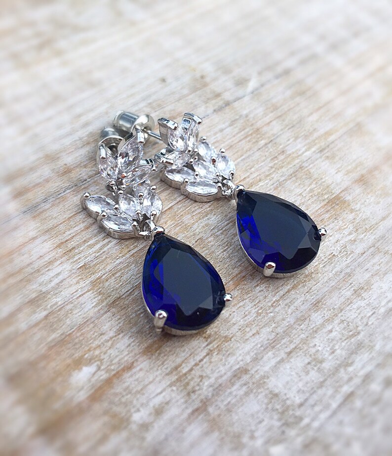 Sapphire drop earrings, something blue wedding earrings, bridesmaid gift, bridal jewelry, zirconia drop earrings, september birth stone image 1