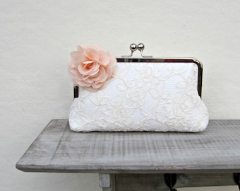 Lace bridal clutch bag, ivory wedding clutch with peach flower, peach bridesmaid clutch, peach floral clutch, uk clutch, bobbie massey