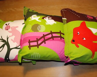 3 pillow set green, 3 cushion set, pillow fox and rabbit, Fox and rabbit pillow, pillow living decoration