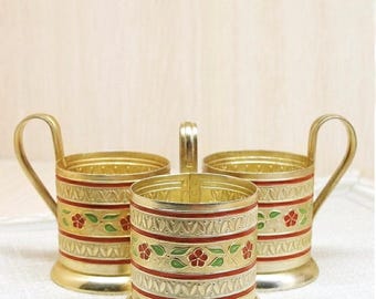 Vintage Yellow Metal Glass Holders, Hot Enamel, Willage Tea Style, Set of 3