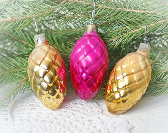 Pine cone ornaments, pink rose yellow silver, traditional woodland, retro Christmas, tree decorations, winter gift, cold colors