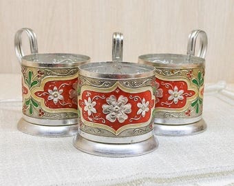 Vintage White Metal Glass Holders, Hot Enamel, Willage Tea Style, Set of 3