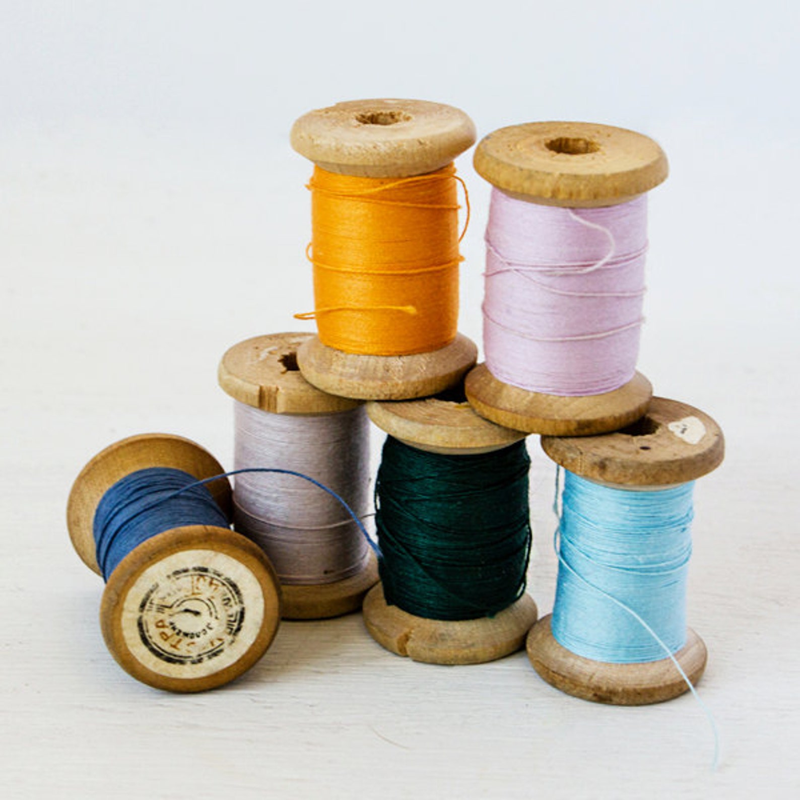Set of 6, Cotton Sewing Threads, Wooden Thread Spools, Light Dark Blue