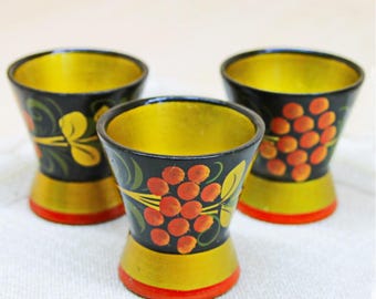 Vintage Khokhloma Shot Glass Set: Hand-Painted USSR Folk Art
