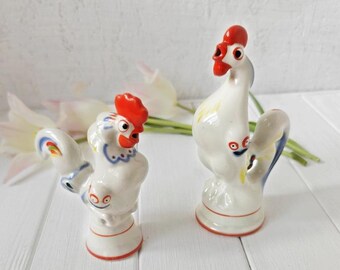 Set from two vintage cockerel roosters, collectible figurine statuette, fine art ceramics, Soviet porcelain figurine, Gorodnitsky vintage