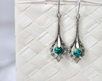 Vintage silver earrings with a natural malachite, 1960 Soviet jewelry, vintage silver earrings, jewelry with natural malachite, gift for mom