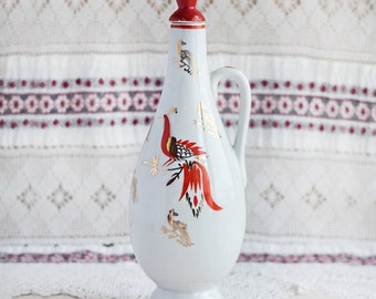 Porcelain carafe, white red gold, traditional decanter, 26 cm, elegant home decor, Scandinavian style, refrigerator pitcher, fairytale birds
