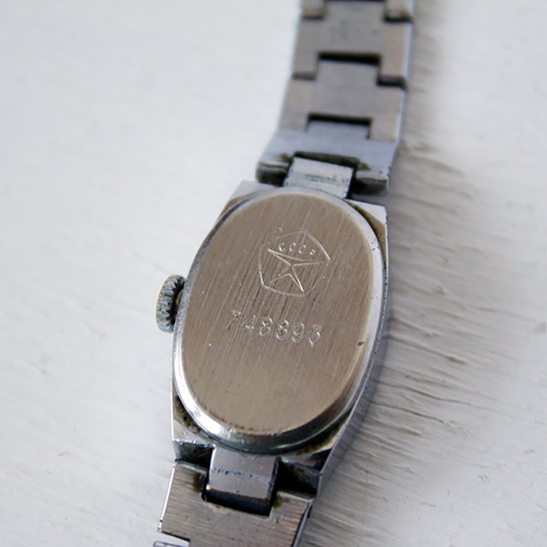 Vintage Luch Silver Watch: Blue Enamel Oval Dial, 1970s USSR image 4
