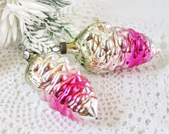 Pine cone ornaments, pink rose white silver, traditional woodland, retro Christmas, set of two, tree decorations, winter gift, cold colors