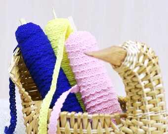 Vintage Häkelborte Baumwolle: Blau, Gelb, Pink besticktes Band