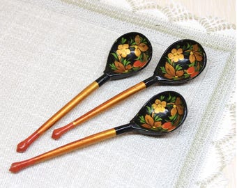 Vintage Khokhloma Tea Spoon Set: Hand-Painted USSR Folk Art