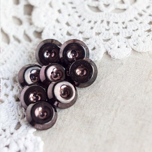 May include: A group of eight iridescent, dark brown, round buttons with a raised center.