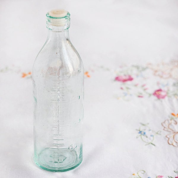 Vintage baby bottle_retro milk glass_feeding bottle_transparent measuring bottle_rustic child room_nursery display item_cottage chic decor