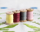 Set of 4_cotton sewing threads_wooden thread spools_yellow grey gray_pink rose_bordeaux claret red marsala_pure cotton threads_retro spools