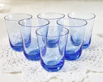 Dark blue glasses, shot drink, set of 6, electric blue, sapphire blue, small sturdy glasses, retro vintage barware, vodka cognac whiskey