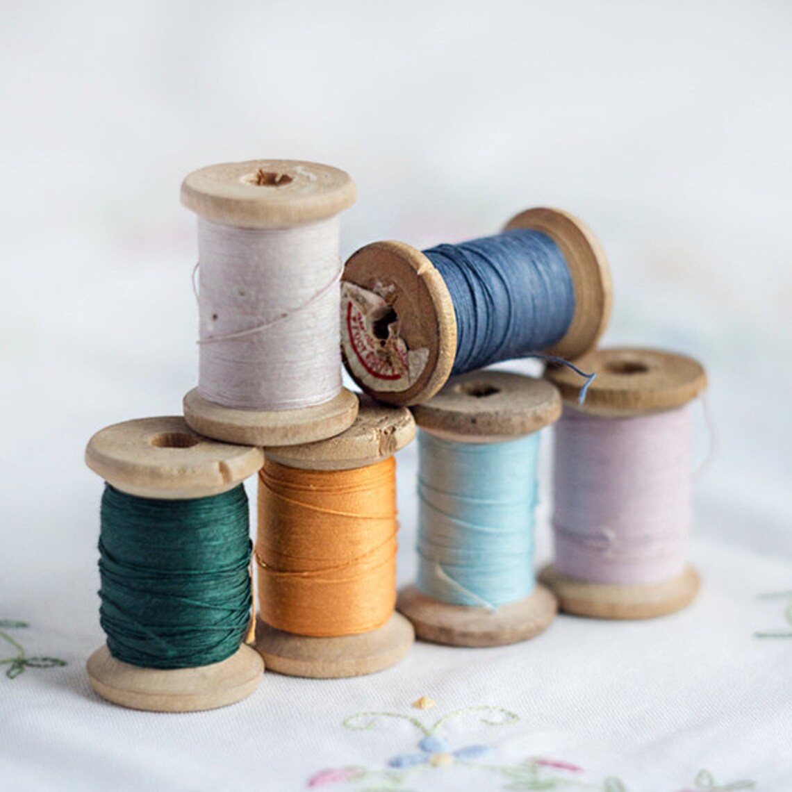 Set of 6, Cotton Sewing Threads, Wooden Thread Spools, Light Dark Blue