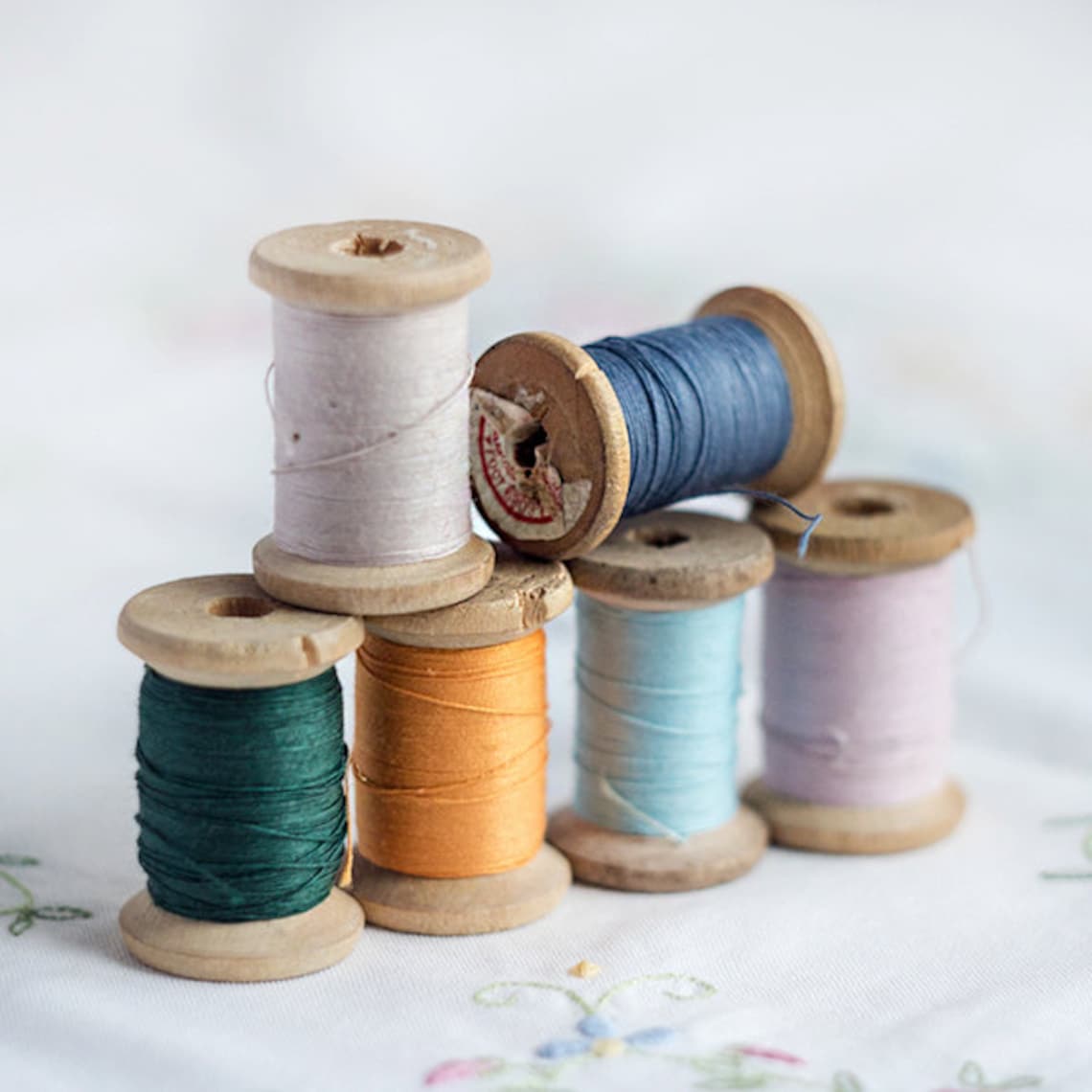 Set of 6, Cotton Sewing Threads, Wooden Thread Spools, Light Dark Blue ...