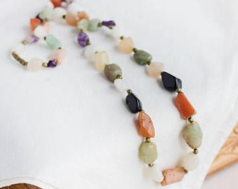 Gemstone necklace, natural stone jewelry, jade carnelian, amethyst quartz, black green, purple white, pink orange, 1970s, long strand