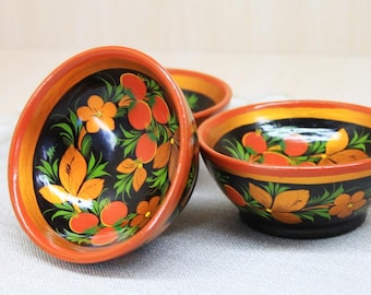 Vintage Khokhloma Bowls Set: Hand-Painted USSR Folk Art