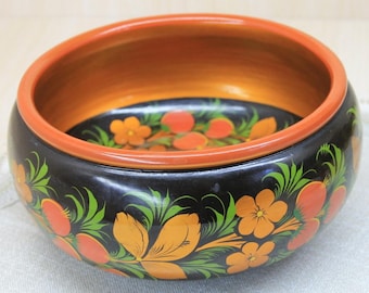 Vintage Khokhloma Bowl: Hand-Painted USSR Folk Art