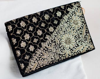 Black silver clutch_vintage purse_bohemian pattern_velvet ladies bag_floral design_retro purse_indian boho style_volume wire embroidery