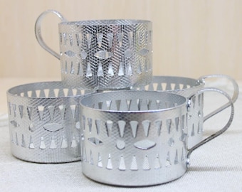 Vintage White Metal Glass Holders, Geometric Willage Tea Style, Set of 4