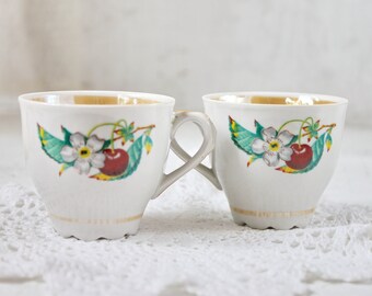 Floral cups, set of 2, white ceramic, cherry print, botanical design, bright colors, rustic farmhouse, kitchen coffee cups, Valentines Day