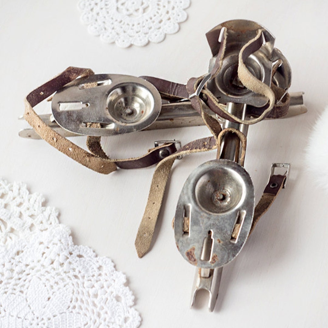 Vintage Ice Skates, Original Leather Straps, White Metal, Hockey Ice