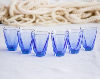 Dark blue glasses, shot drink, set of 6, electric blue, sapphire blue, small sturdy glasses, retro vintage barware, vodka cognac whiskey