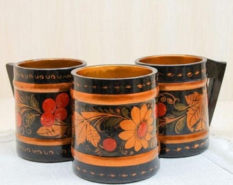 Vintage Khokhloma Mugs Set: Hand-Painted USSR Folk Art