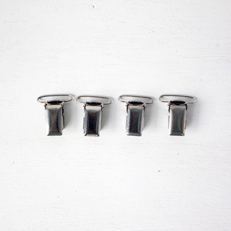 Suspender Clips, Set of Four, White Metal, Sewing Supply, Retro Steampunk, Vintage Fasteners