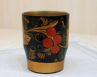 Vintage Khokhloma Wooden Glass: Hand-Painted USSR Folk Art