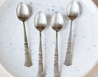 Tea spoons, silver plated, hammered effect, set of 4, wings pattern, art deco style, 12.5 cm 4.9'' long, retro kitchen, family wedding gift