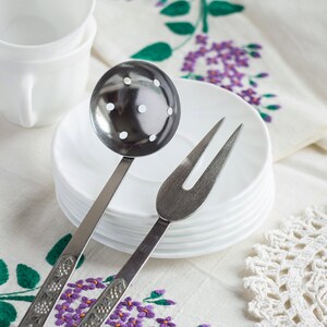 Salad pair, white metal, arrow-wood design, fork perforated spoon, serving pair, elegant utensils, mid-century kitchen, 1960s, plant pattern