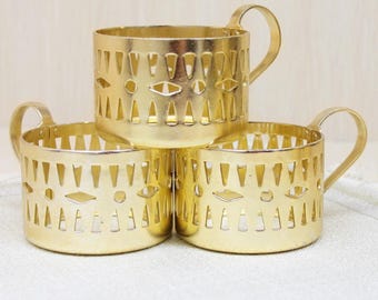 Vintage Yellow Metal Glass Holders, Geometric Willage Tea Style, Set of 3