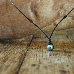 Tahitian pearl necklace, leather necklace, women necklace, men necklace,  black pearl necklace, australian leather.