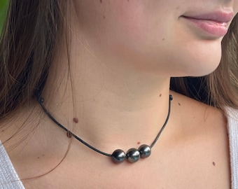 Big Tahitian pearls necklace on leather for women or men - black tahitian pearl high quality, handmade in France