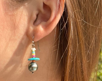 Boucles d'oreilles perles de Tahiti et turquoises | boucles d'oreilles pendantes sur Argent 925