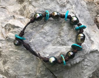 Tahitian pearl bracelet and real turquoise from the Sleeping Beauty Mine, bohemian and chic, unique piece, Australian leather