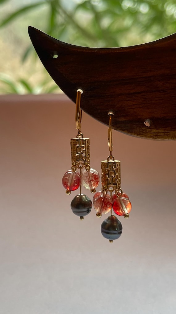 Tahitian Pearl Earrings, Red Rutilated Quartz, Gold Filled