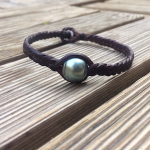 Echte Tahitiaanse parelarmband op leer voor heren, gevlochten leren armband, mannelijke stijl, hoogwaardige materialen