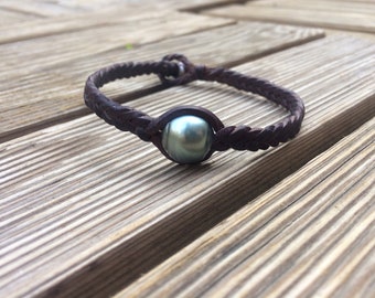 Echtes tahitisches Perlenarmband aus Leder für Herren, geflochtenes Lederarmband, maskuliner Stil, hochwertige Materialien