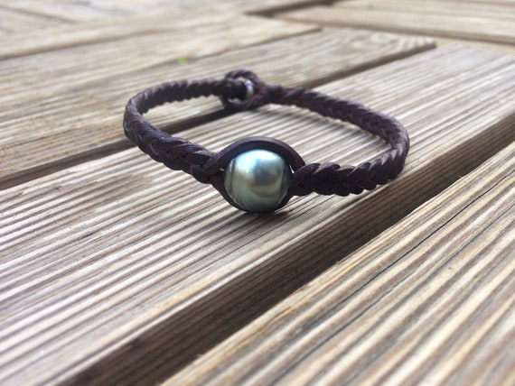 Tahitian pearl bracelet, tahitian pearl and leather bracelet for man