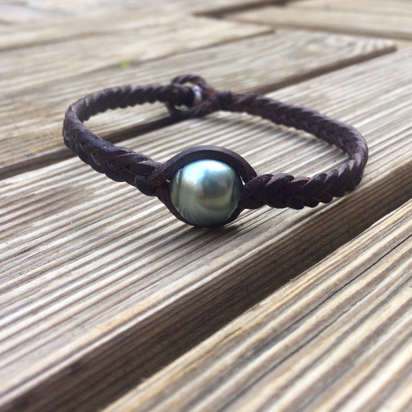 Tahitian pearl bracelet, tahitian pearl and leather bracelet for man